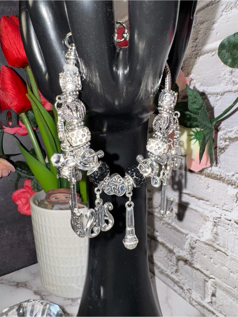 Silver Multi-Charm Women’s Bracelet with Black Accents